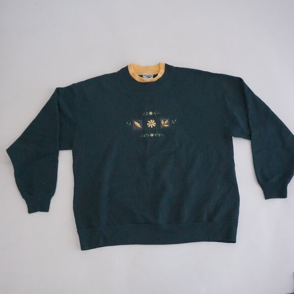 Vintage Whim Z Hunter Green Floral Leaf Sweatshirt Gold Contrast Collar Fall L - Picture 1 of 9